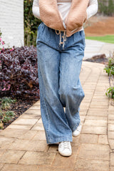 Medium Wash High-Rise Drawstring Waist Wide Leg Jeans