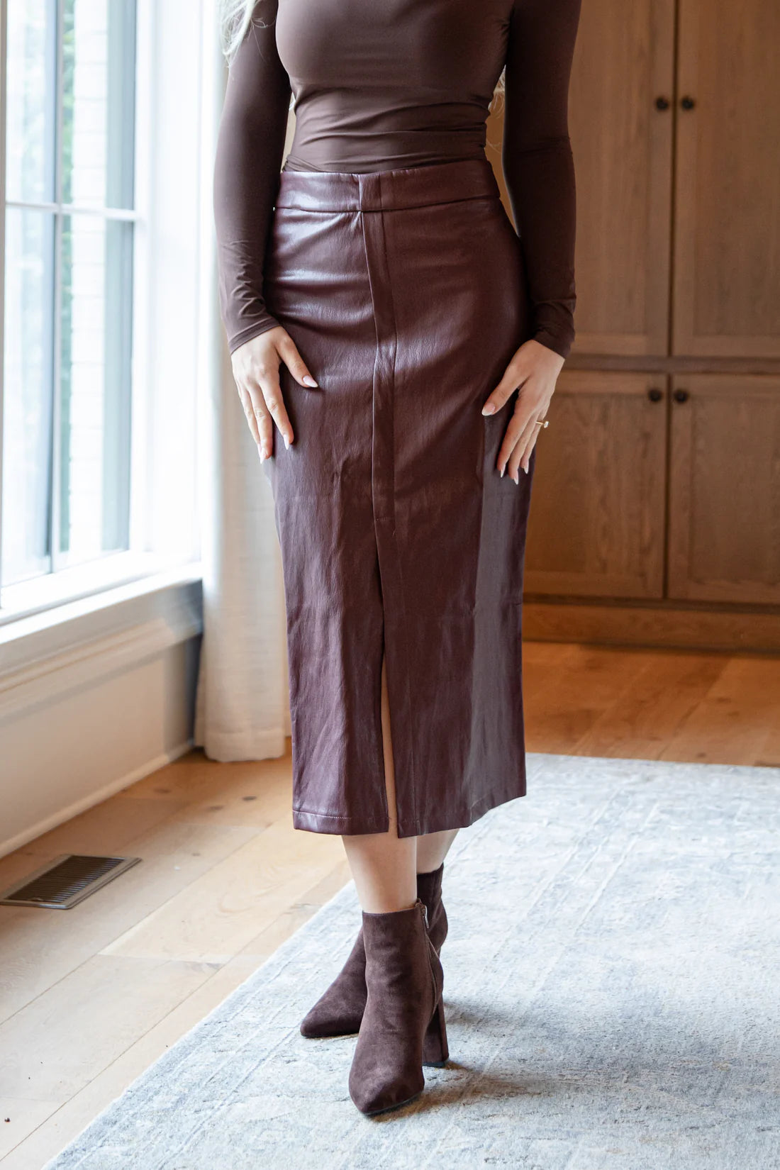 Burgundy Faux Leather Midi Skirt