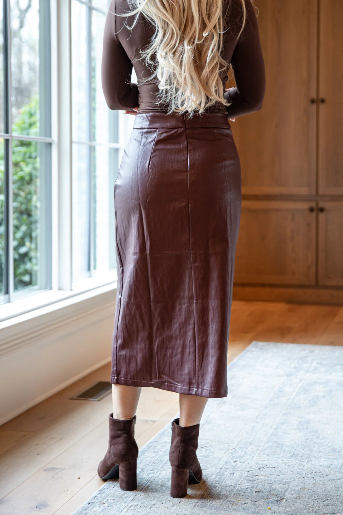 Burgundy Faux Leather Midi Skirt