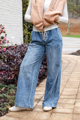 Medium Wash High-Rise Drawstring Waist Wide Leg Jeans